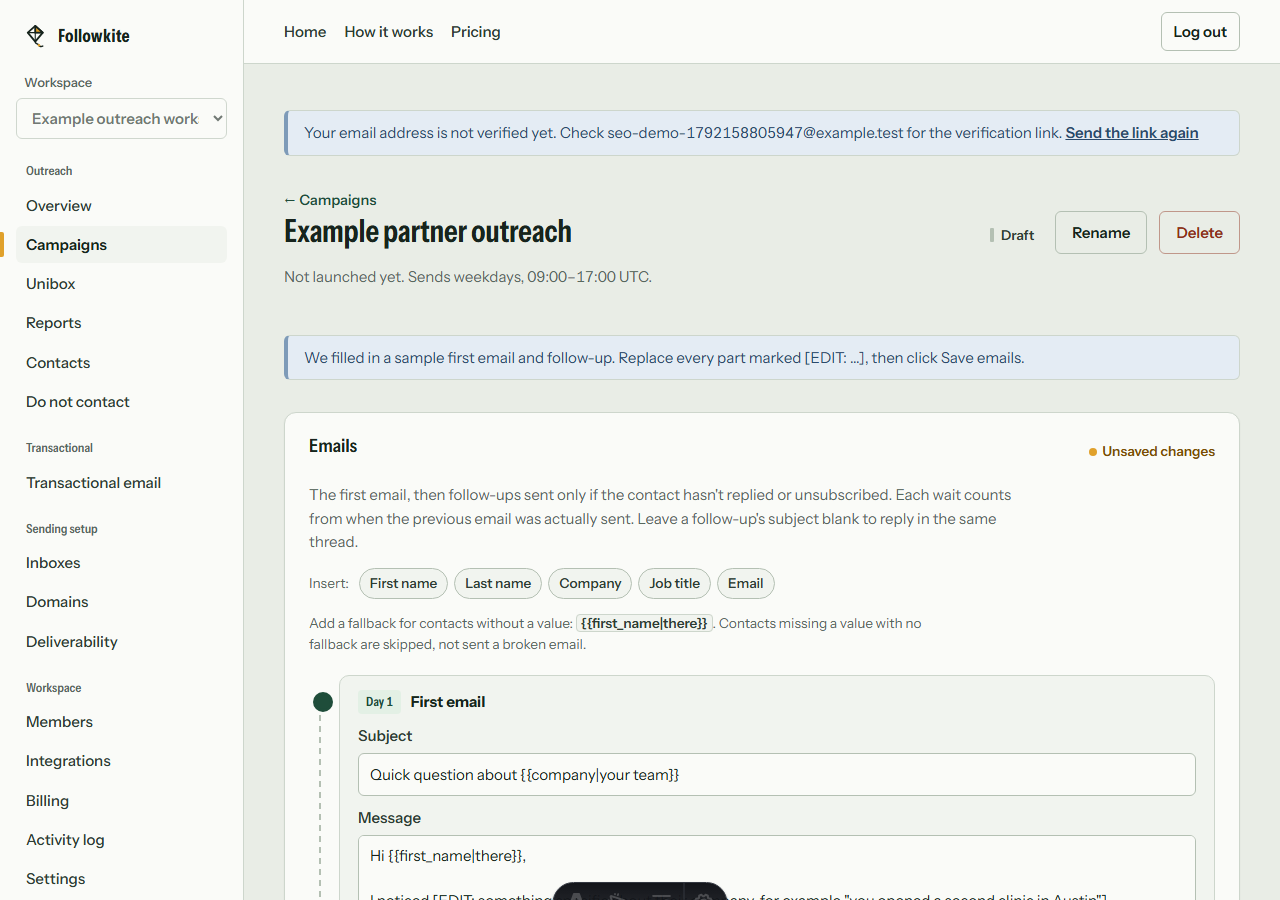 Example Followkite campaign editor with a first message and follow-up sequence