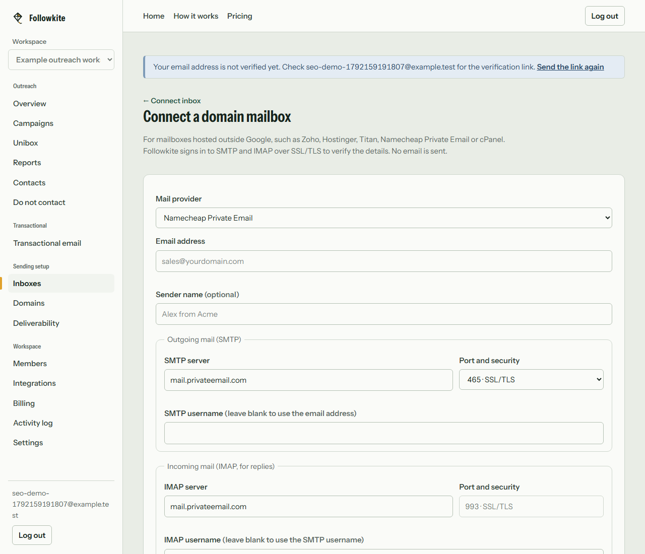 Actual Followkite Namecheap Private Email connection form with mail.privateemail.com server settings
