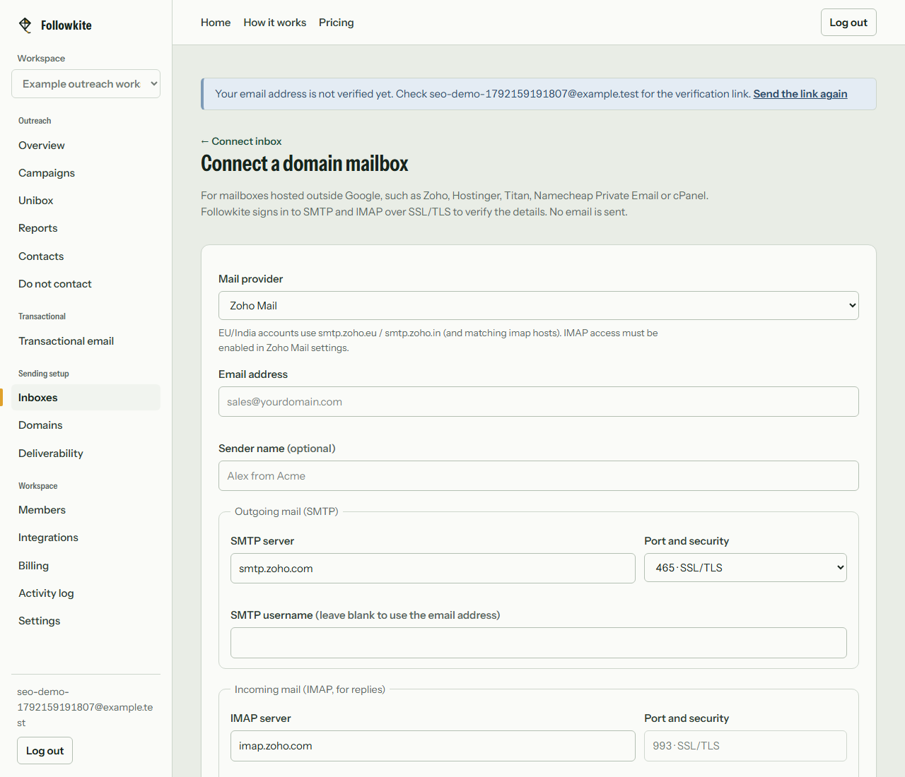 Actual Followkite Zoho preset form showing editable SMTP and IMAP server fields